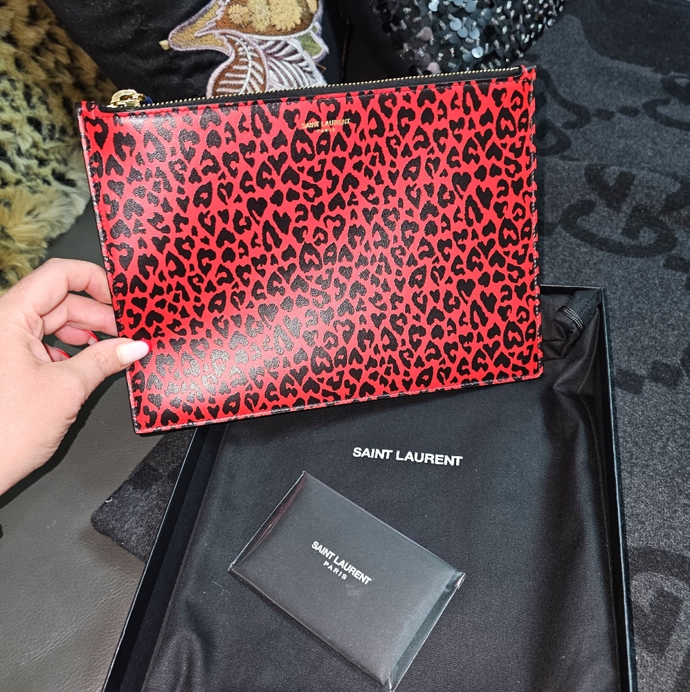 Saint Laurent red leopard heart pouch clutch YSL